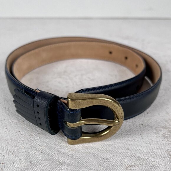 Brooks Brothers Womens Genuine Leather Navy Belt Gold Buckle Medium (READ) - Picture 1 of 4